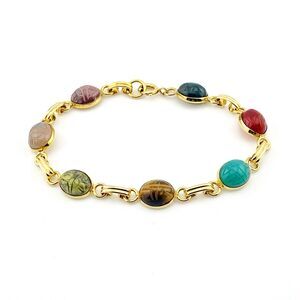 Vintage Scarab Gold Filled Bracelet Multicolor Carved Gemstones 7 Inch
